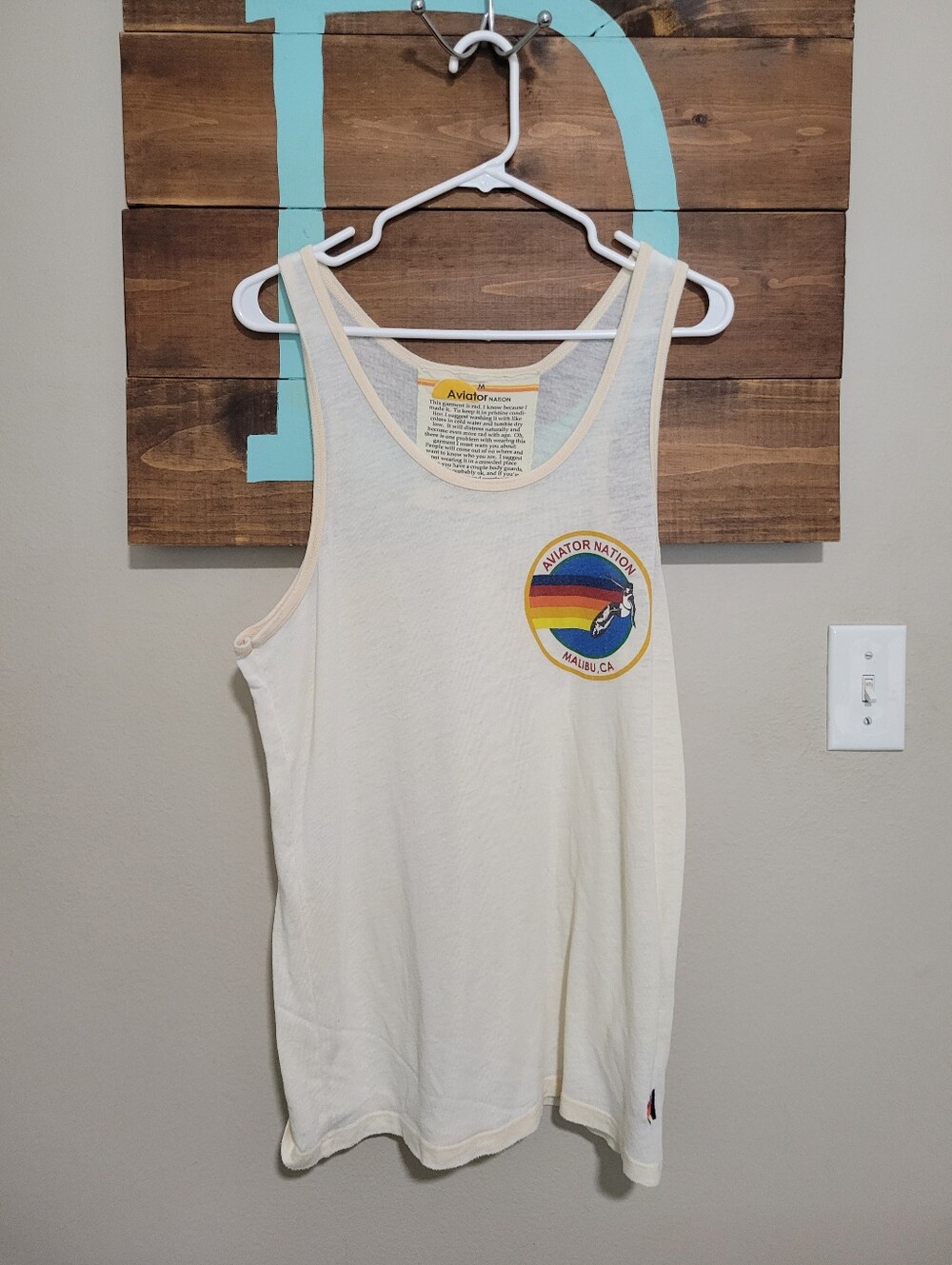 Aviator Nation Cream Tank with Rainbow Surf Logo Size Medium